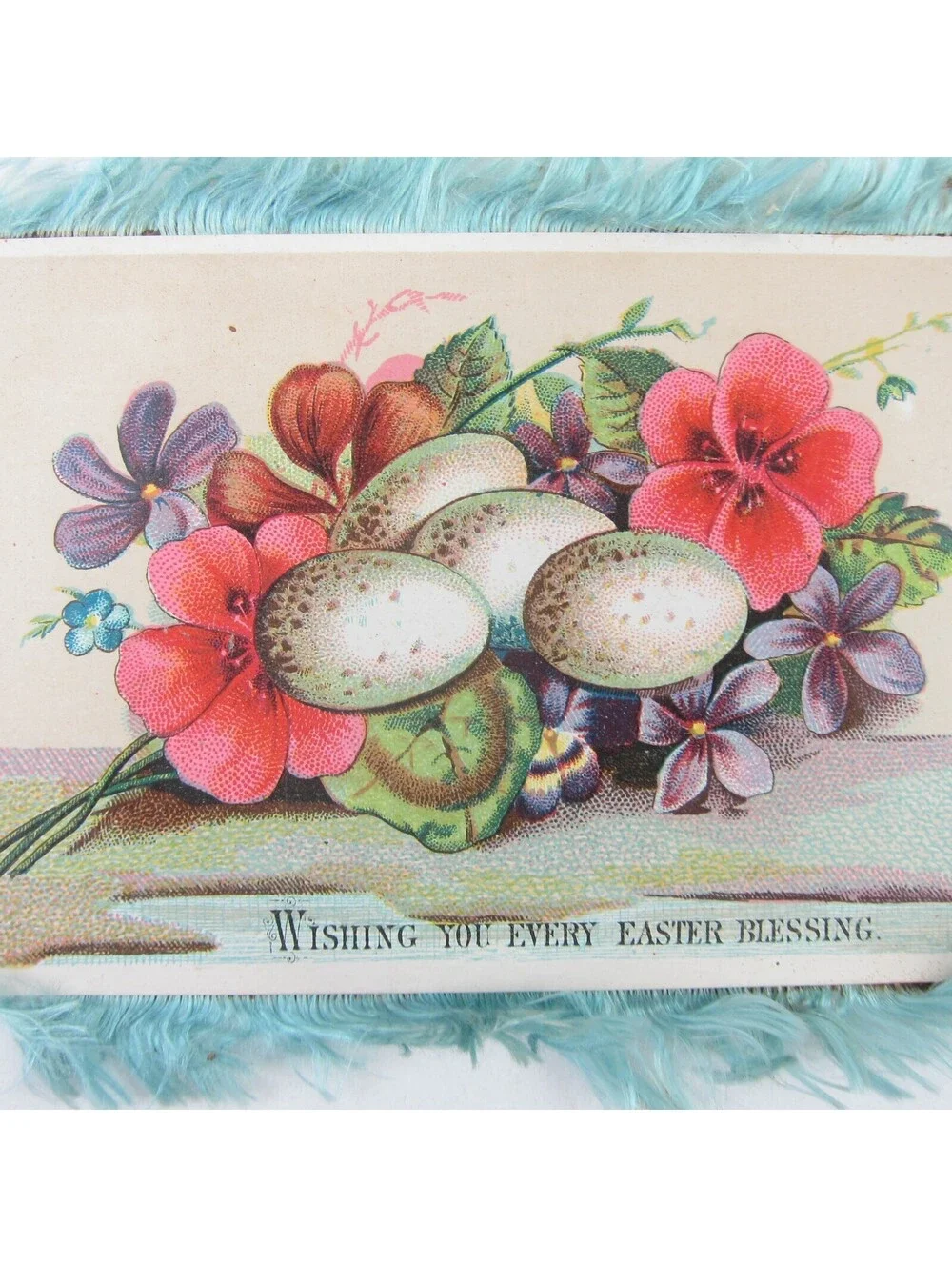 Victorian Greeting Card Easter Blue Silk Fringe Double Sided Flowers Egg Antique